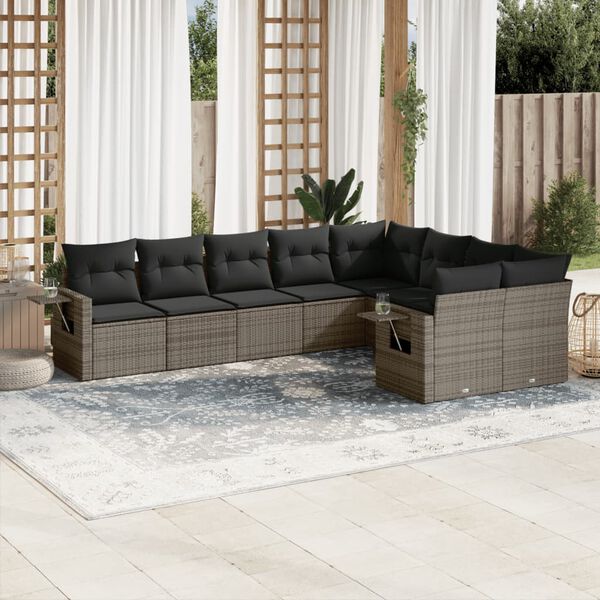 vidaXL Salon de jardin 9 pcs avec coussins gris r&eacute;sine tress&eacute;e