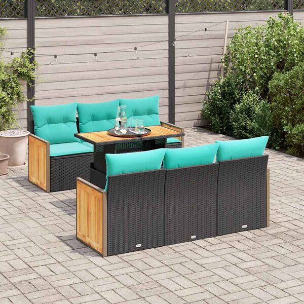 vidaXL Salon de jardin avec coussins 7 pcs noir r&eacute;sine tress&eacute;e acacia