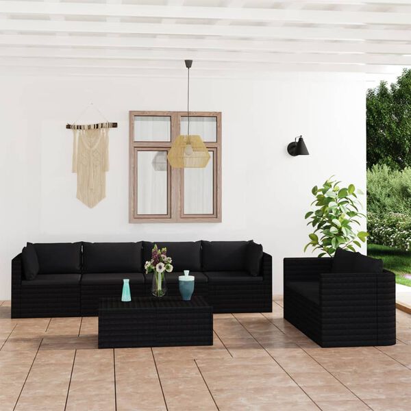vidaXL Salon de jardin 7 pcs avec coussins R&eacute;sine tress&eacute;e Noir