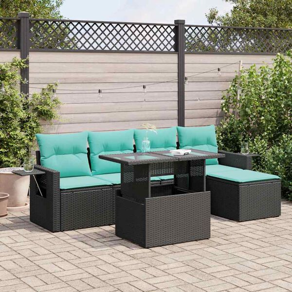 vidaXL Salon de jardin avec coussins 6pcs noir r&eacute;sine tress&eacute;e acacia