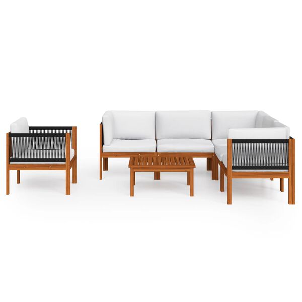 vidaXL Salon de jardin 7 pièces avec coussins, bois d'acacia crème et corde