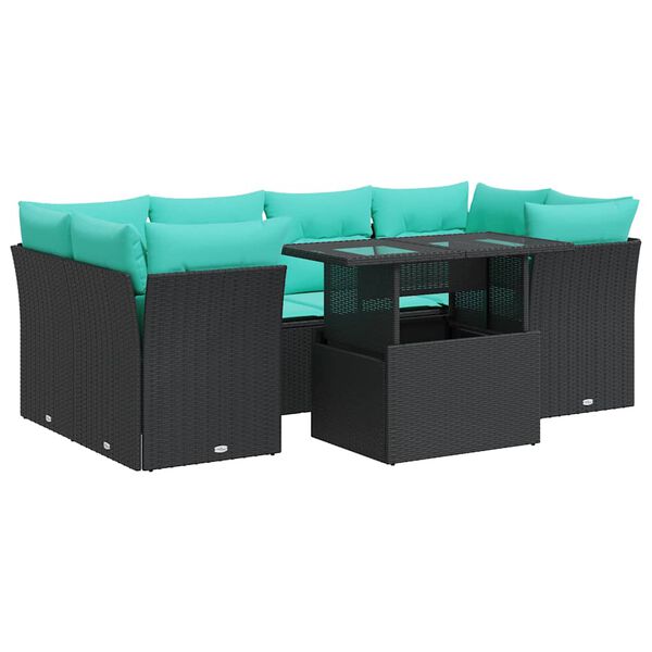 vidaXL Salon de jardin avec coussins 7 pcs noir r&eacute;sine tress&eacute;e acacia