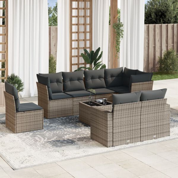 vidaXL Salon de jardin 9 pcs avec coussins gris r&eacute;sine tress&eacute;e
