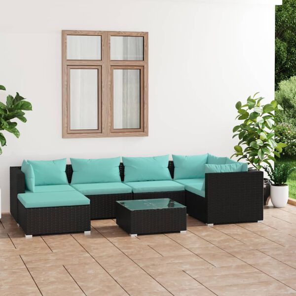 vidaXL Salon de jardin 7 pcs avec coussins R&eacute;sine tress&eacute;e Noir