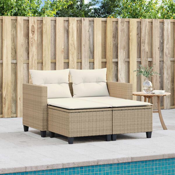 vidaXL Canap&eacute; de jardin 2 places avec tabourets beige r&eacute;sine tress&eacute;e