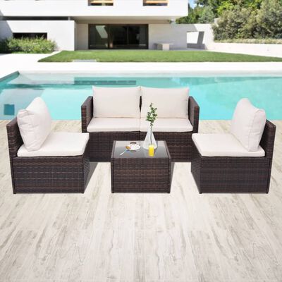 vidaXL Salon de jardin 5 pcs avec coussins Résine tressée Marron