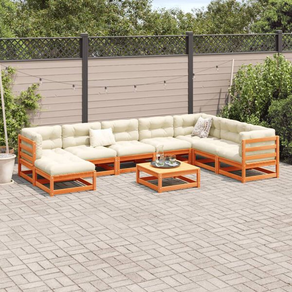 vidaXL Salon de jardin 9 pcs avec coussins marron cire bois pin massif