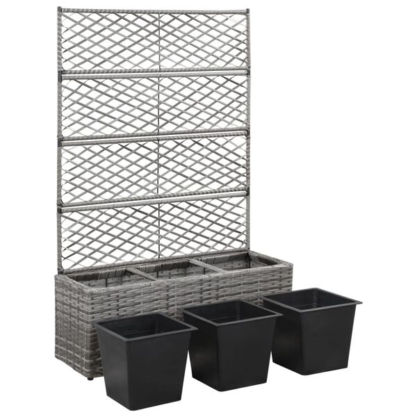 vidaXL Lit sur&eacute;lev&eacute; en treillis 3 pots 83x30x130cm R&eacute;sine tress&eacute;e Gris