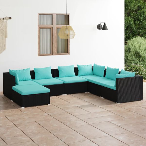 vidaXL Salon de jardin 7 pcs avec coussins R&eacute;sine tress&eacute;e Noir