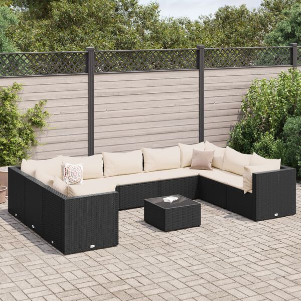 vidaXL Salon de jardin 10 pcs avec coussins noir r&eacute;sine tress&eacute;e