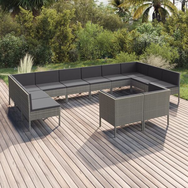 vidaXL Salon de jardin 12 pcs avec coussins R&eacute;sine tress&eacute;e Gris