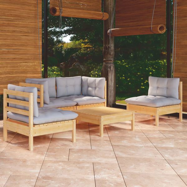 vidaXL Salon de jardin 5 pcs avec coussins gris bois de pin massif