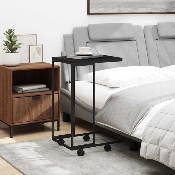 vidaXL Table d'appoint avec roues Noir 40x30x63,5 cm Bois d'ing&eacute;nierie