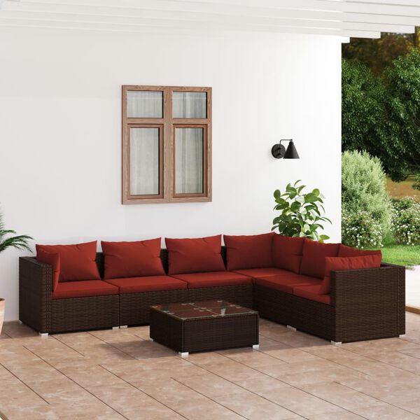 vidaXL Salon de jardin 7 pcs avec coussins R&eacute;sine tress&eacute;e Marron