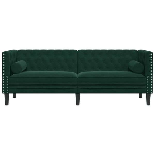 vidaXL Canap&eacute; Chesterfield avec traversins 3 places vert fonc&eacute; velours