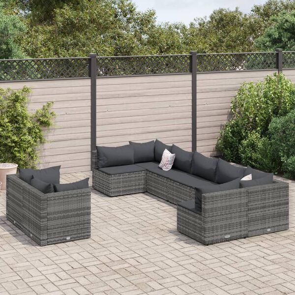 vidaXL Salon de jardin 9 pcs avec coussins gris r&eacute;sine tress&eacute;e