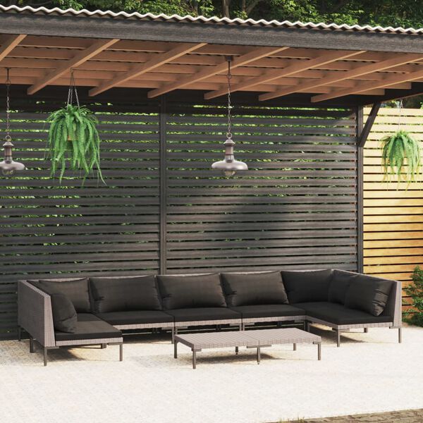 vidaXL Salon de jardin 8 pcs avec coussins R&eacute;sine tress&eacute;e Gris fonc&eacute;