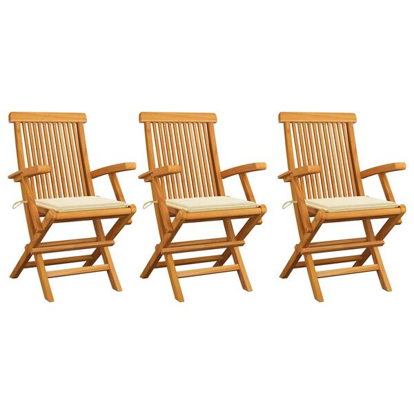 vidaXL Chaises de jardin avec coussins cr&egrave;me lot de 3 Bois teck massif
