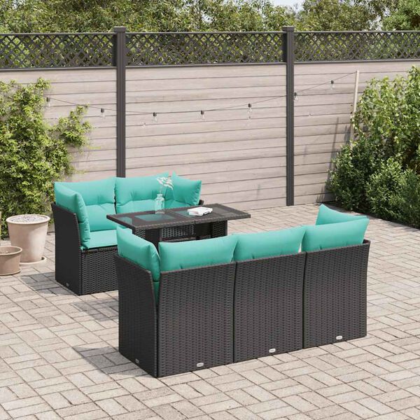 vidaXL Salon de jardin 6 pcs avec coussins noir r&eacute;sine tress&eacute;e acacia