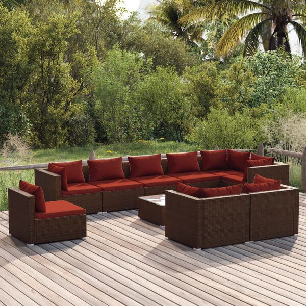 vidaXL Salon de jardin 10 pcs avec coussins R&eacute;sine tress&eacute;e Marron