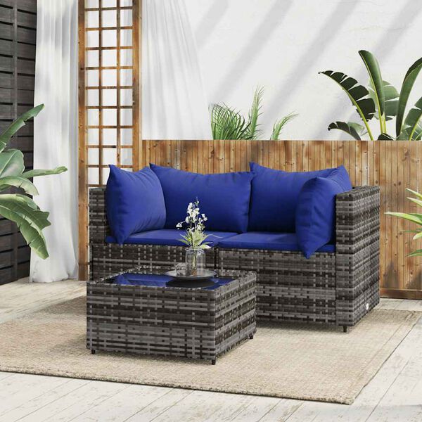 vidaXL Salon de jardin 3 pcs avec coussins Gris R&eacute;sine tress&eacute;e