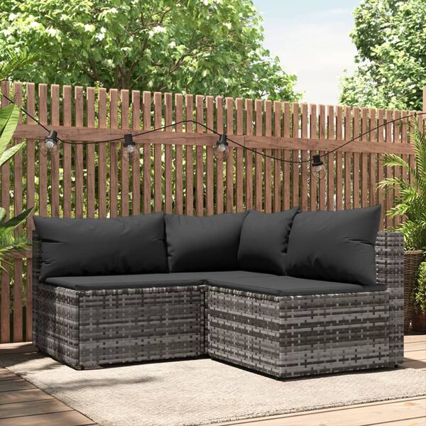 vidaXL Salon de jardin 3 pcs avec coussins Gris R&eacute;sine tress&eacute;e