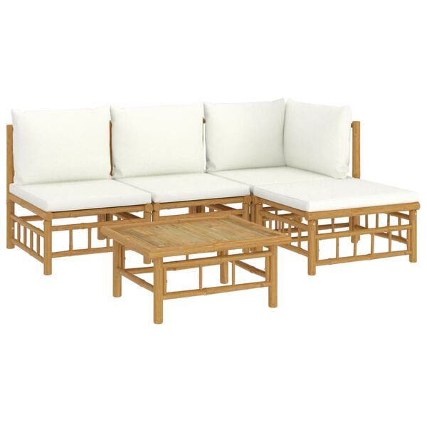 vidaXL Salon de jardin 5 pcs avec coussins blanc cr&egrave;me bambou