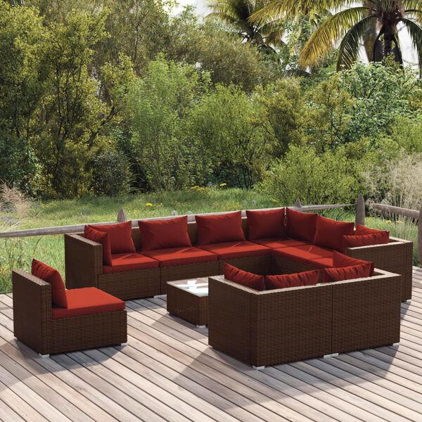 vidaXL Salon de jardin 10 pcs avec coussins R&eacute;sine tress&eacute;e Marron