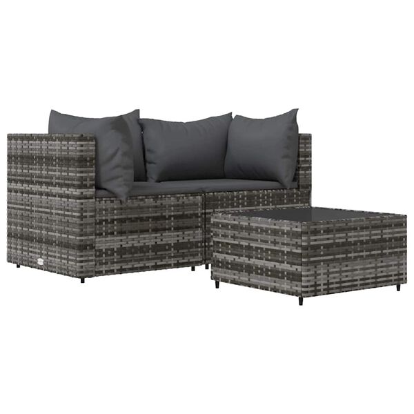 vidaXL Salon de jardin 3 pcs avec coussins Gris R&eacute;sine tress&eacute;e