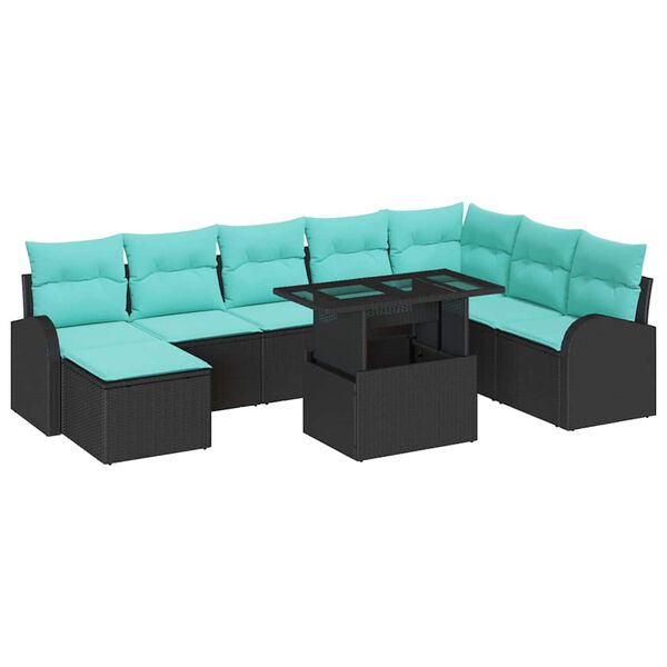 vidaXL Ensemble de canap&eacute; de jardin 9 pcs Noir et Bleu polyrotin