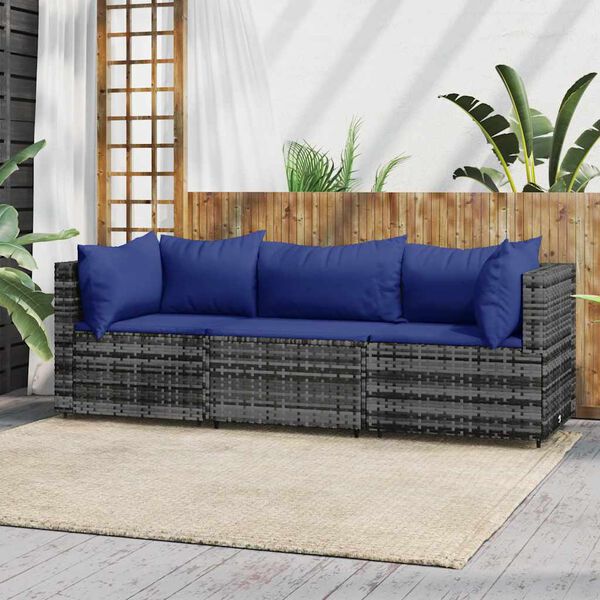 vidaXL Salon de jardin 3 pcs avec coussins Gris R&eacute;sine tress&eacute;e