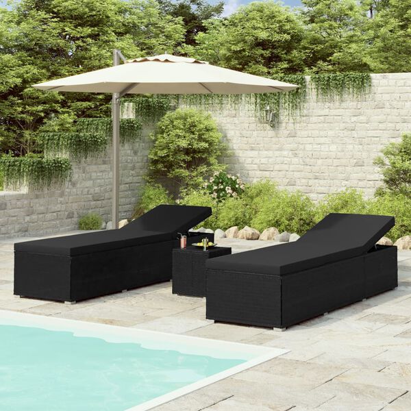vidaXL Chaises longues de jardin table &agrave; th&eacute; 3 pcs R&eacute;sine tress&eacute;e Noir