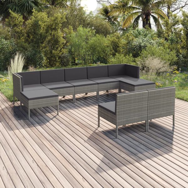 vidaXL Salon de jardin 9 pcs avec coussins R&eacute;sine tress&eacute;e Gris