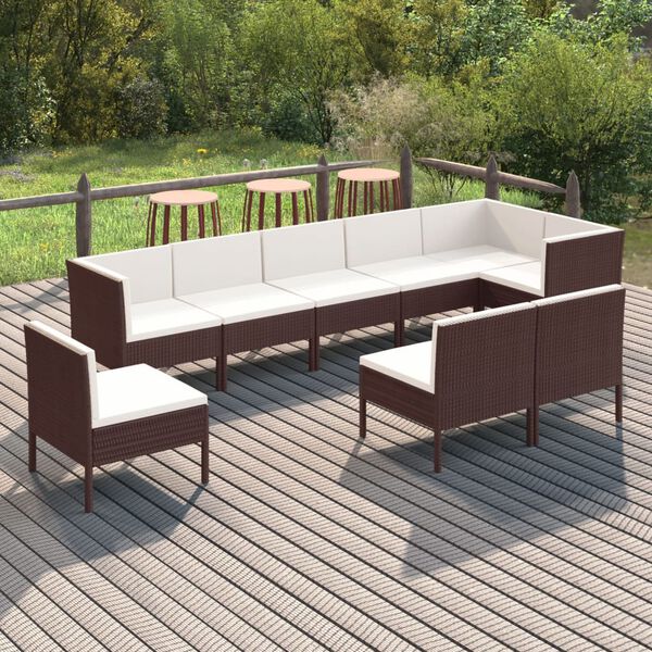 vidaXL Salon de jardin 9 pcs avec coussins r&eacute;sine tress&eacute;e marron