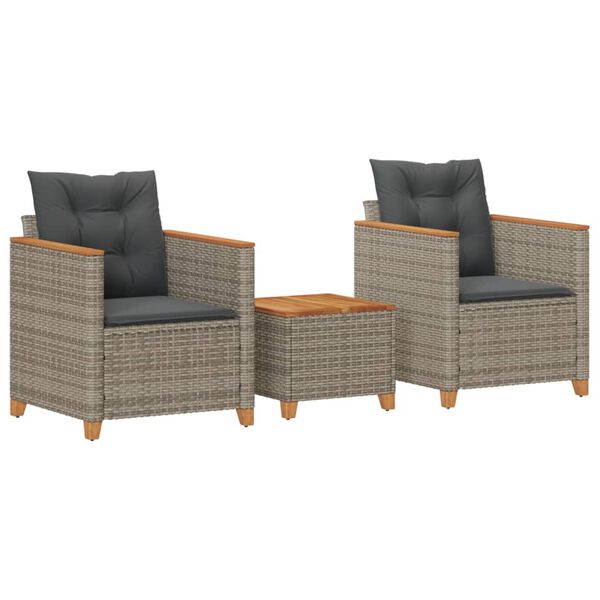 vidaXL Ensemble de bistro 3 pcs et coussins gris r&eacute;sine tress&eacute;e acacia
