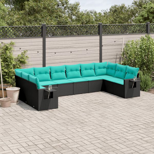 vidaXL Salon de jardin 10 pcs avec coussins noir r&eacute;sine tress&eacute;e
