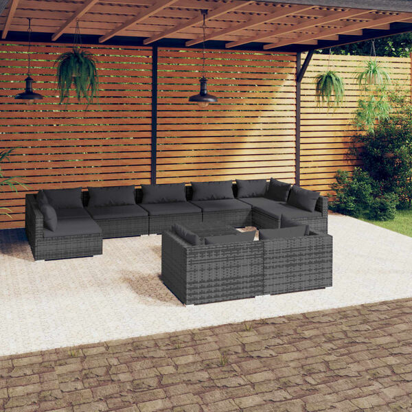 vidaXL Salon de jardin 10 pcs avec coussins Gris R&eacute;sine tress&eacute;e