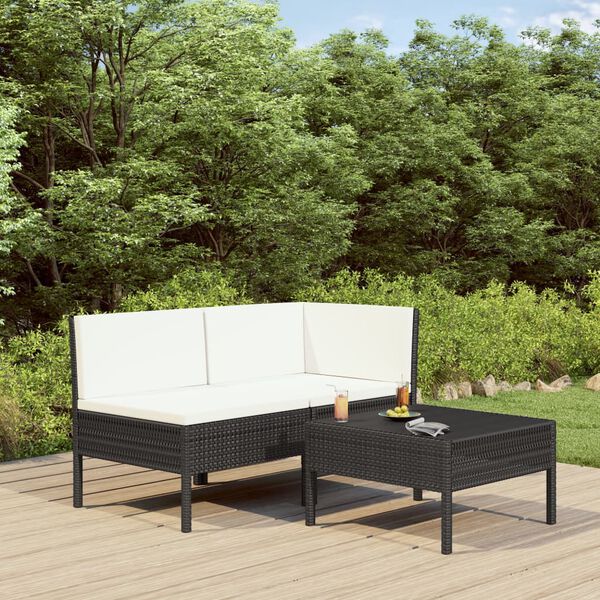 vidaXL Salon de jardin 3 pcs avec coussins R&eacute;sine tress&eacute;e Noir