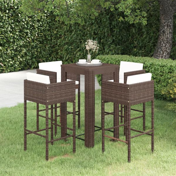 vidaXL Ensemble bar de jardin 5 pcs et coussins Résine tressée Marron