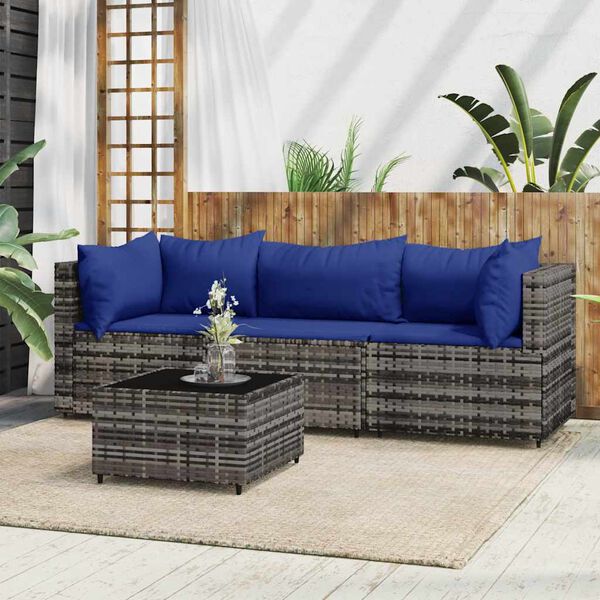 vidaXL Salon de jardin 4 pcs avec coussins Gris R&eacute;sine tress&eacute;e