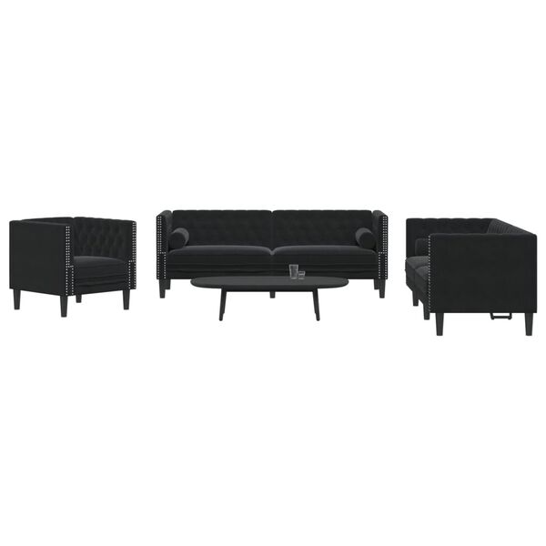 vidaXL Ensemble de canap&eacute; Chesterfield et traversins 3pcs noir velours