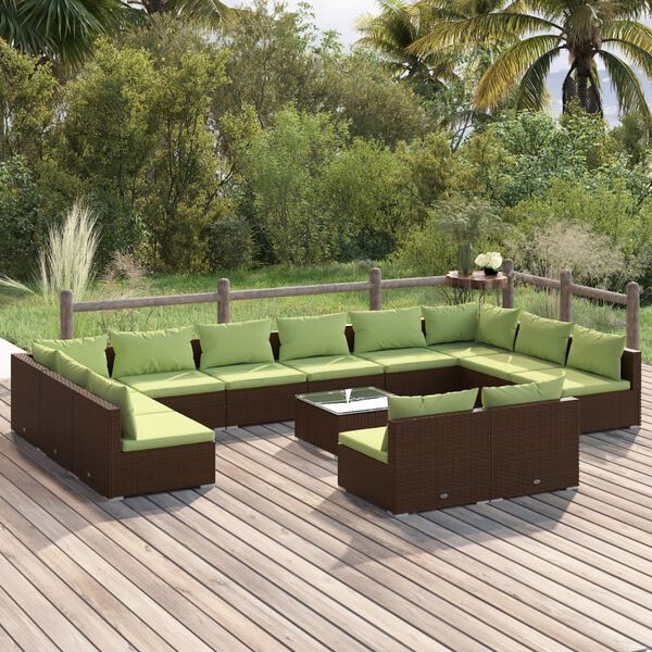 vidaXL Salon de jardin 13 pcs avec coussins Marron Résine tressée