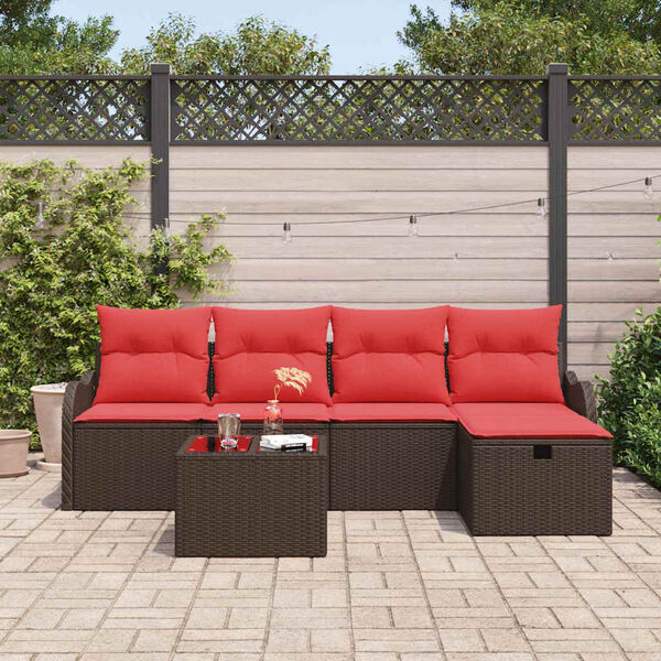 vidaXL Ensemble de canapé de jardin 6 pcs Marron et rouge Poly rotin