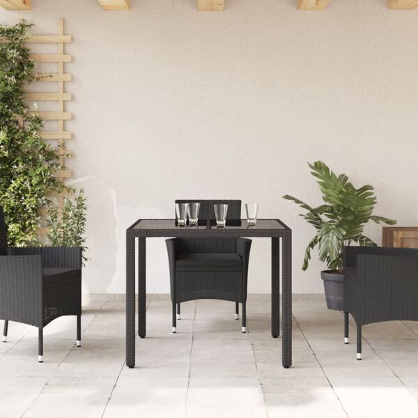 vidaXL Table de jardin dessus en verre Noir 90x90x75 cm R&eacute;sine tress&eacute;e