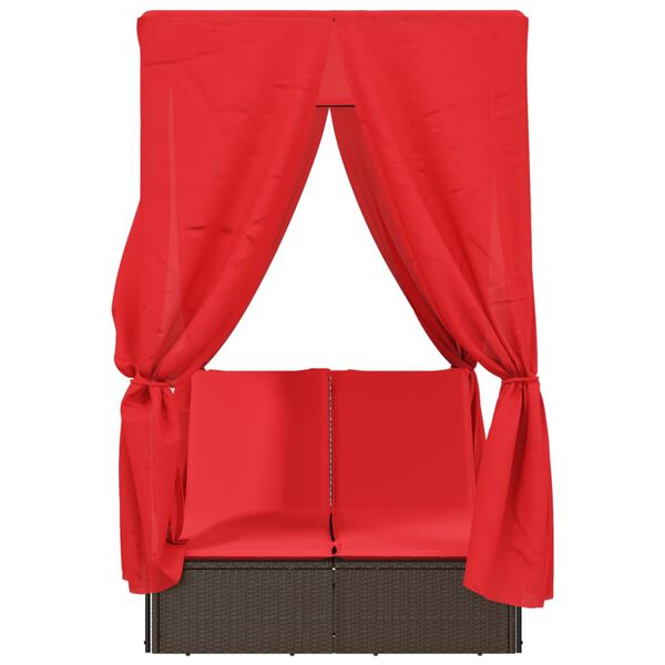 vidaXL Chaise longue double avec toit et rideaux marron résine tressée