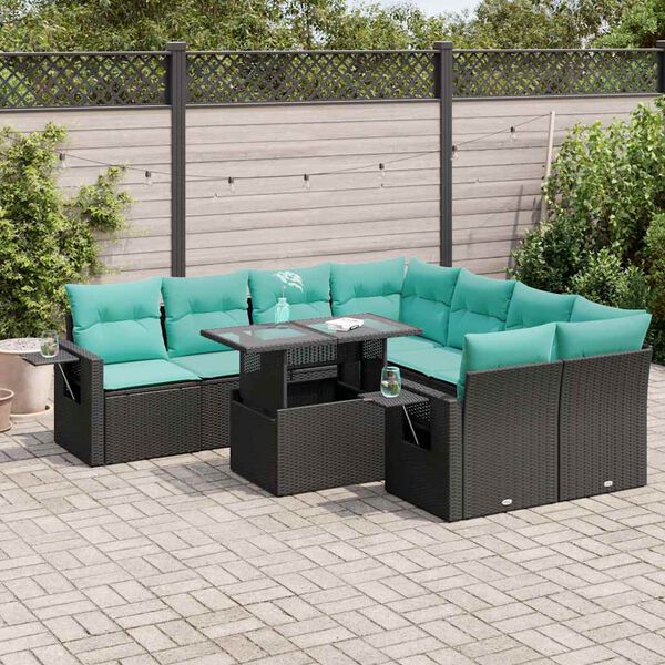 vidaXL Salon de jardin avec coussins 9pcs noir r&eacute;sine tress&eacute;e acacia