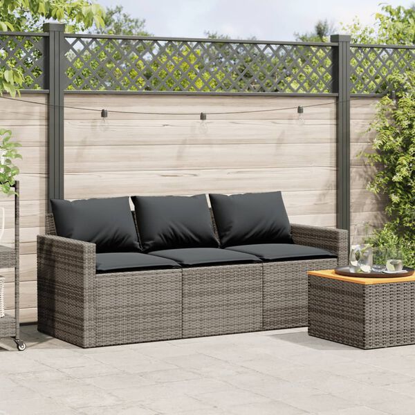 vidaXL Canap&eacute; de jardin avec coussins 3 places gris r&eacute;sine tress&eacute;e