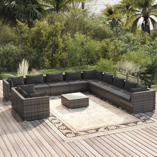 vidaXL Salon de jardin 12 pcs avec coussins Gris R&eacute;sine tress&eacute;e