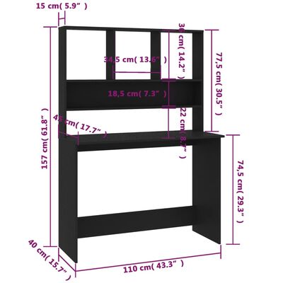 vidaXL Bureau avec étagères Noir 110x45x157 cm Bois d'ingénierie