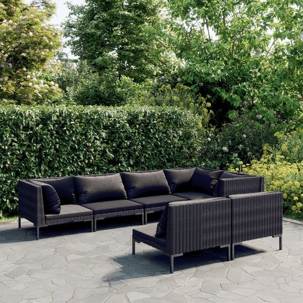 vidaXL Salon de jardin 7 pcs avec coussins R&eacute;sine tress&eacute;e Gris fonc&eacute;